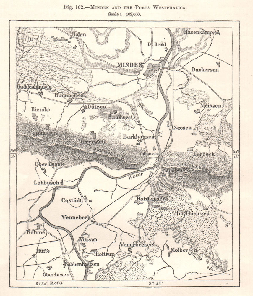 Minden and the Porta Westfalica. Germany. Sketch map 1885 old antique